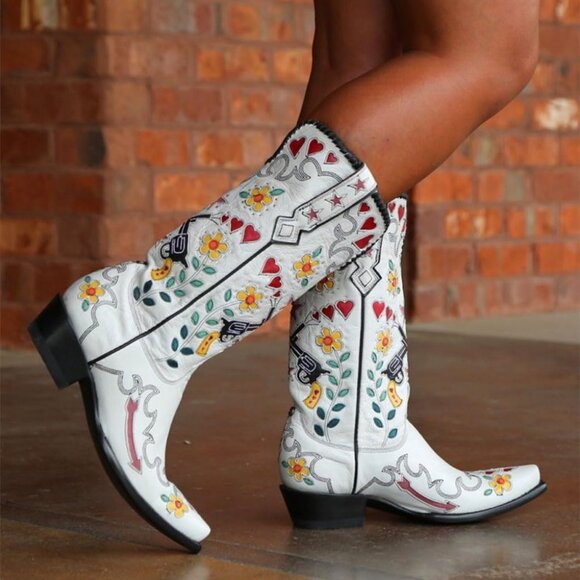 Women's White Floral Embroidered Cowgirl Boots Chunky Low Heels Pull On Shoes - Picture 3 of 5